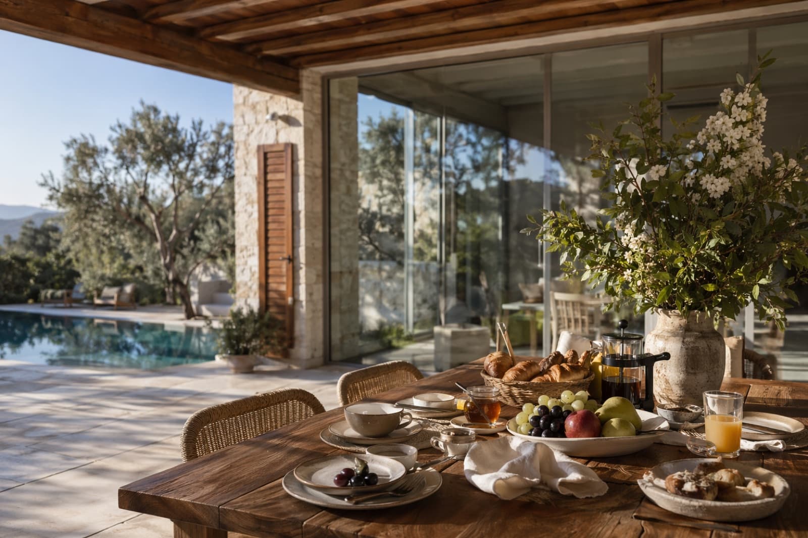 Villa Kavala — gedeckter Frühstückstisch auf der Terrasse am Pool