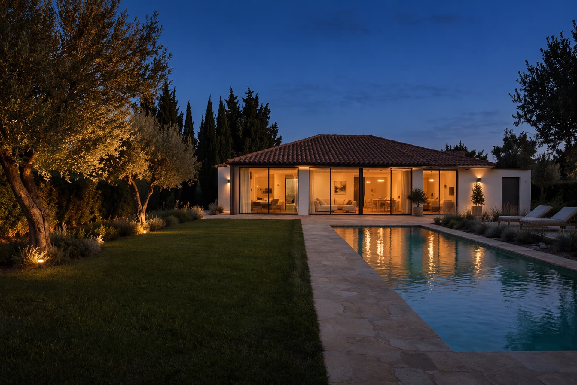 The house at dusk, its glass front glowing, the pool in front.